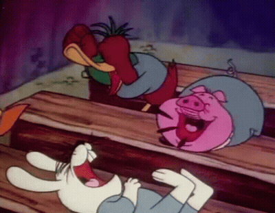 A Rabbit , A Pig And A Duck Are Laughing Together On A Wooden Bench . GIF