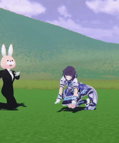 A Rabbit In A Tuxedo Stands Next To A Girl On The Ground GIF