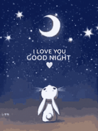 A Rabbit Is Looking Up At The Moon With The Words `` I Love You Good Night '' Written Below It . GIF