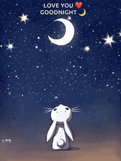 A Rabbit Is Looking Up At The Moon With The Words Love You Goodnight GIF