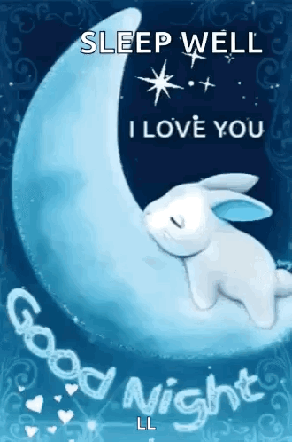 A Rabbit Is Sleeping On A Crescent Moon With The Words `` Sleep Well I Love You '' Written On It . GIF