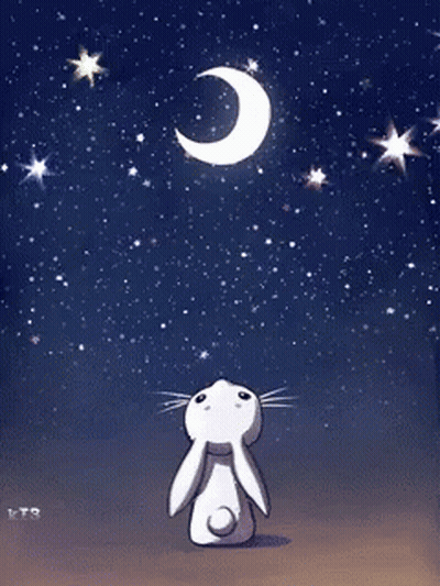A Rabbit Looking Up At A Crescent Moon And Stars GIF