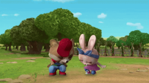 A Raccoon And A Rabbit Are Standing Next To Each Other GIF