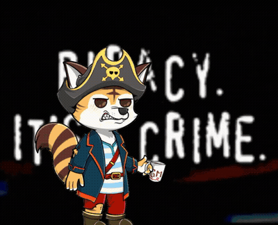 A Raccoon In A Pirate Costume Is Holding A Cup In Front Of A Sign That Says " Privacy Crime " GIF