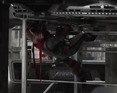 A Raccoon In A Superhero Costume Is Hanging From A Metal Beam GIF