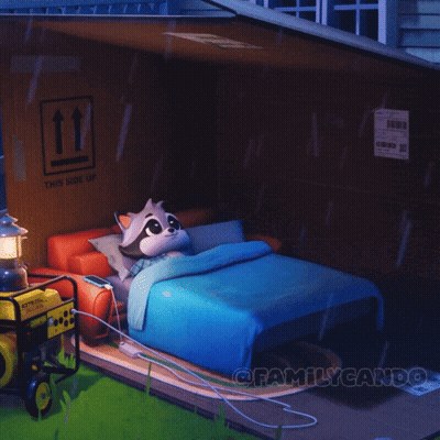A Raccoon Is Laying On A Bed In A Room With A Sign That Says " This Side Up " GIF
