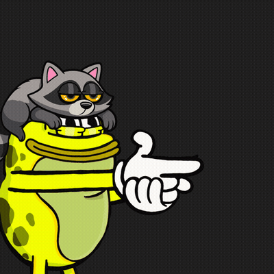 A Raccoon Is Pointing At A Frog With The Word Pow Written On It GIF