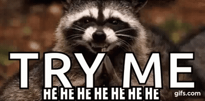 A Raccoon Is Smiling And Laughing With The Words `` Try Me '' Written Below It . GIF