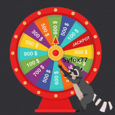 A Raccoon Is Standing In Front Of A Spinning Wheel That Says Syfox 77 On It GIF