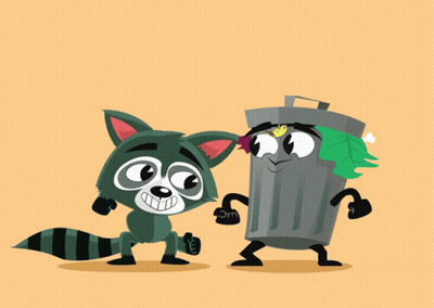 A Raccoon Is Standing Next To A Trash Can With A Leaf On Its Head GIF