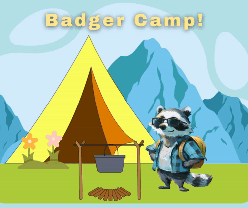 Raccoon Standing In Front Of Tent With Badger Camp Text GIF