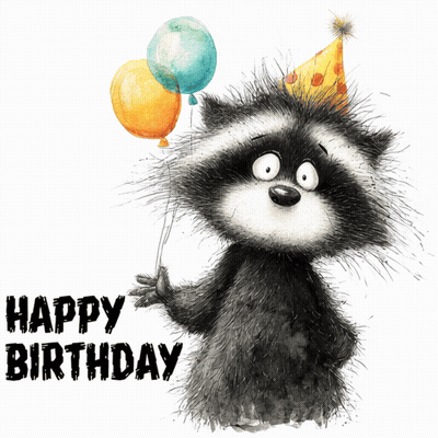 A Raccoon Wearing A Party Hat Is Holding Three Balloons And The Words Happy Birthday Are Below It GIF