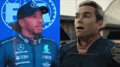 A Race Car Driver And A Man From The Movie The Boys Are Standing Next To Each Other . GIF