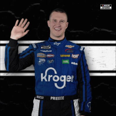 A Race Car Driver Wearing A Blue And Black Kroger Suit GIF