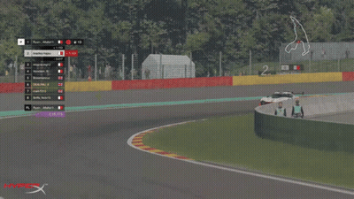 A Race Car Is Driving Down A Track With A Hyperx Logo In The Foreground GIF