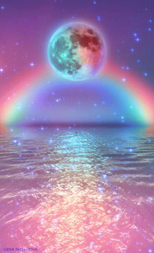 A Rainbow And A Full Moon Over A Body Of Water With The Name Geya On The Bottom GIF