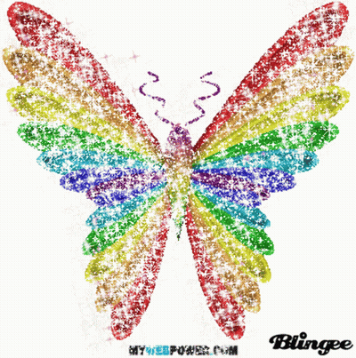 A Rainbow Colored Butterfly With The Words Blingee On The Bottom GIF
