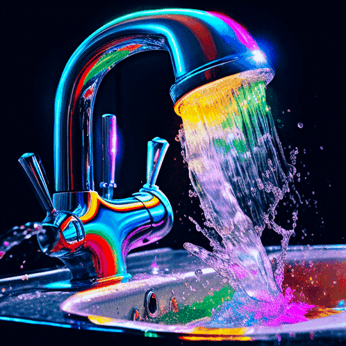 A Rainbow Colored Faucet With Water Pouring Out Of It GIF