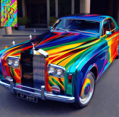 A Rainbow Colored Rolls Royce Car Is Parked In Front Of A Building GIF