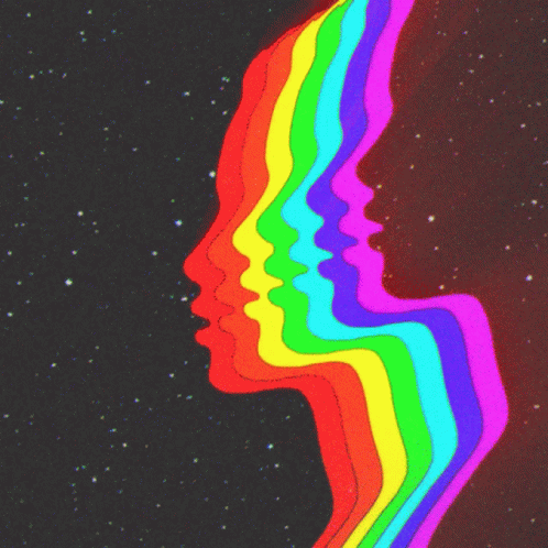 A Rainbow Colored Silhouette Of A Face Against A Dark Background GIF