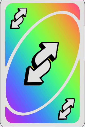 A Rainbow Colored Uno Card With Two White Arrows Pointing In Opposite Directions GIF