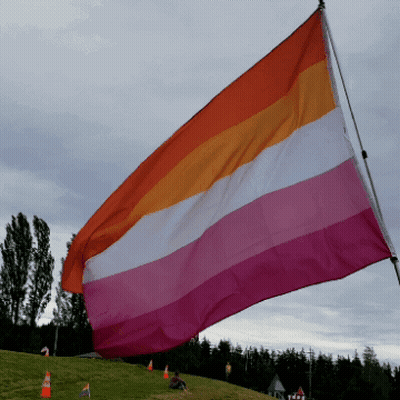 A Rainbow Flag Is Flying In The Wind On Top Of A Grassy Hill GIF