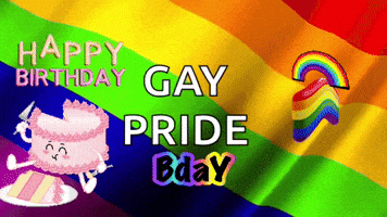 A Rainbow Flag With A Cake And The Words Happy Birthday Gay Pride Bday On It GIF