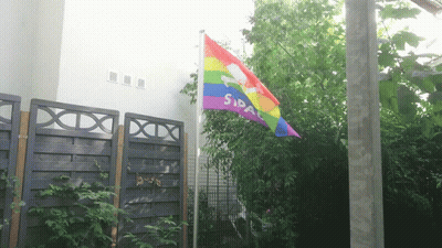 A Rainbow Flag With The Word Sida On It Is Flying In Front Of A Fence GIF