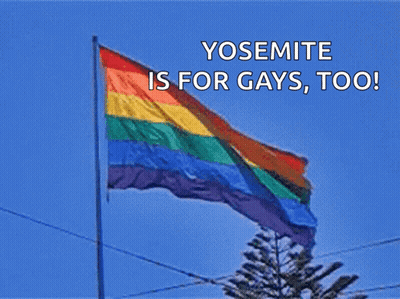 A Rainbow Flag With The Words Yosemite Is For Gays Too Written Above It GIF