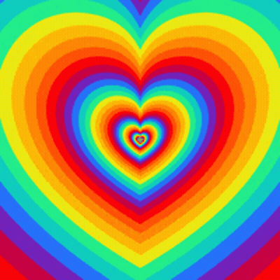A Rainbow Heart Is Surrounded By Rainbow Colored Hearts On A Blue Background GIF