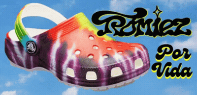 A Rainbow Tie Dye Crocs With The Words Romez Por Vida Written Below It GIF