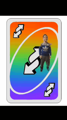 A Rainbow Uno Card With A Boy Wearing A Blue Adidas Sweater GIF