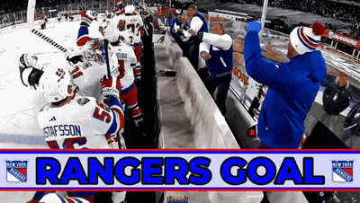 A Rangers Goal Banner Is Displayed In Front Of A Hockey Game GIF