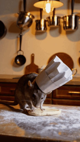 A Rat With A Chef 'S Hat On Its Head GIF