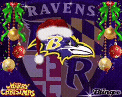 A Ravens Logo With A Santa Hat And Christmas Ornaments GIF