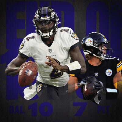A Ravens Player Is Running With A Football And A Pittsburgh Player Is Behind Him GIF