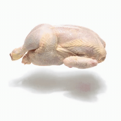 A Raw Chicken Is Floating In The Air Against A White Background GIF