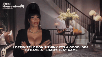 A Real Housewives Advertisement Shows A Woman Talking About A Shady Tea Game GIF