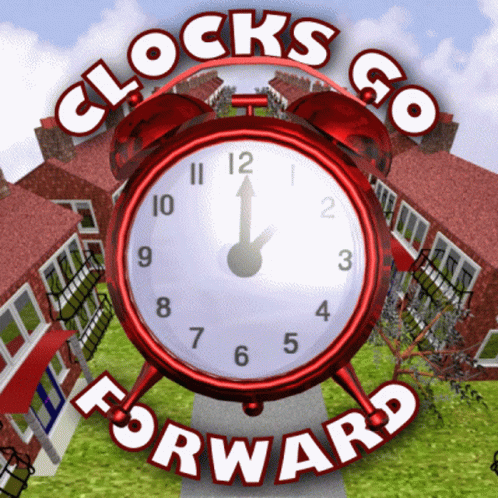 A Red Alarm Clock With The Words " Clocks Go Forward " Above It GIF