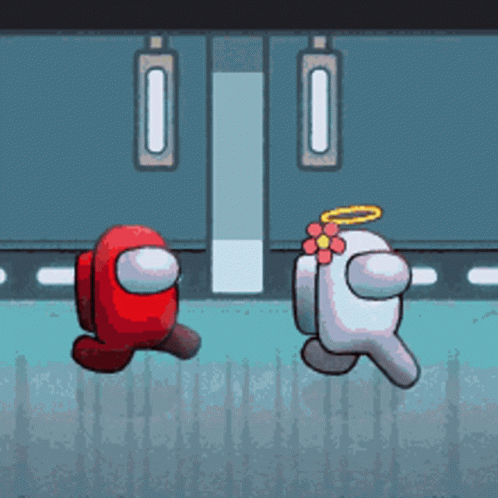 A Red Among Us Character And A White Among Us Character With A Flower On Their Head GIF