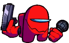 A Red Among Us Character Is Holding A Gun And A Microphone In His Hands . Sticker
