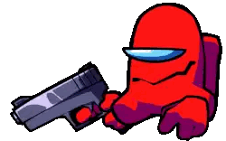 A Red Among Us Character Is Holding A Gun In His Fist . Sticker