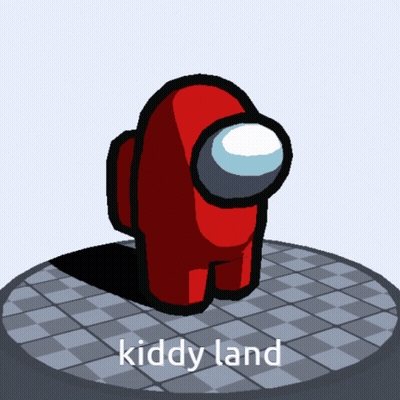 A Red Among Us Character Is Standing On A Checkered Surface With The Words Kiddy Land Below It GIF