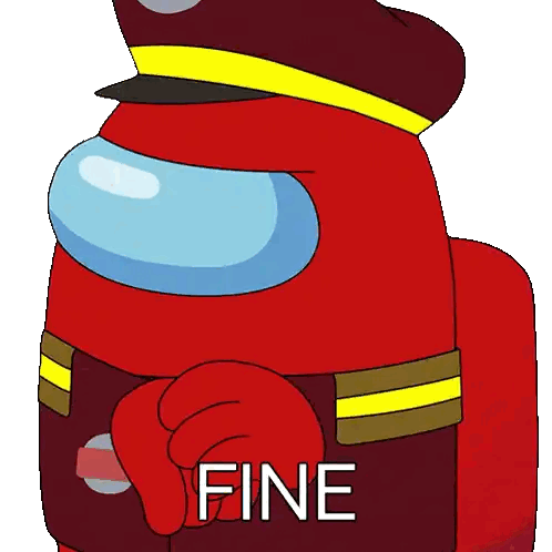 A Red Among Us Character Is Wearing A Hat And Has The Word Fine On His Chest Sticker