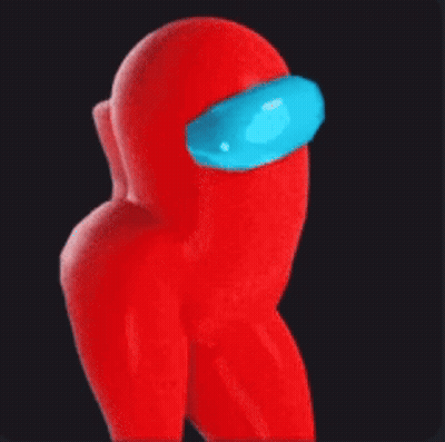 A Red Among Us Character With A Blue Mask On His Head GIF