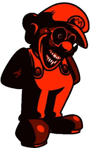 A Red And Black Cartoon Character With A M On The Hat Sticker