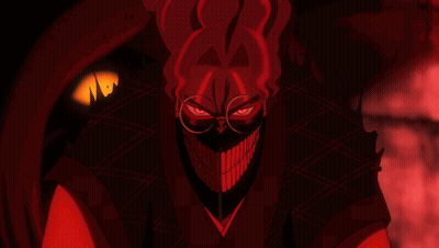 A Red And Black Cartoon Character With Glasses And A Big Mouth GIF