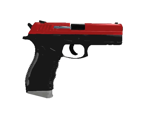 A Red And Black Gun With A Gray Grip On A White Background Sticker