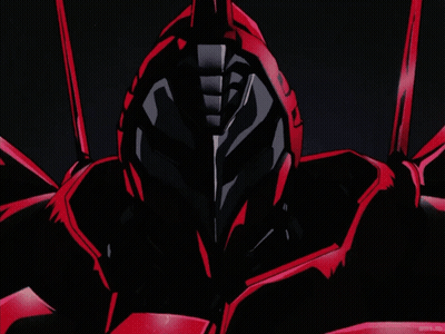 A Red And Black Robot With Red Eyes Is Displayed On An Anime.to Website GIF
