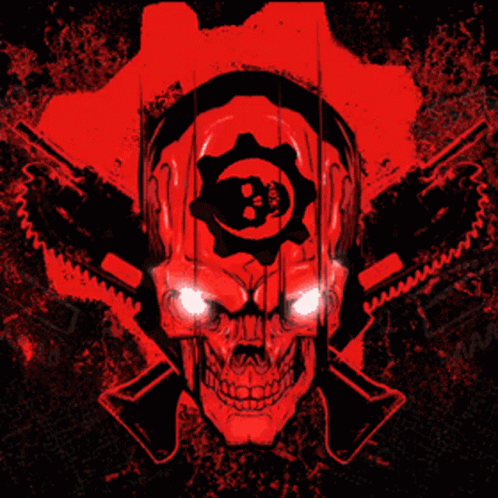 A Red And Black Skull With Gears And Guns On It GIF